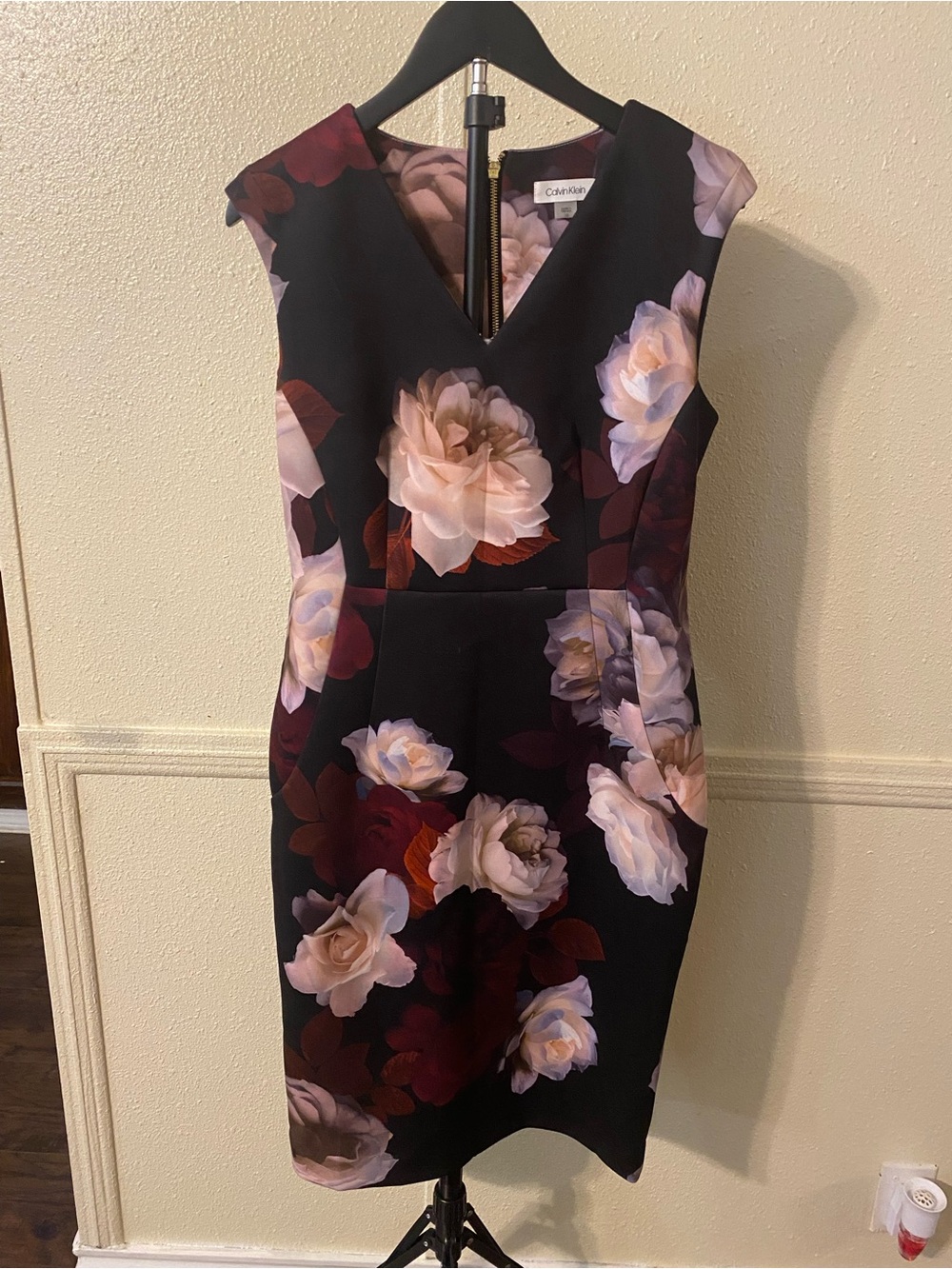 Calvin Klein Black Midi Dress with Blush & Burgundy Floral Print